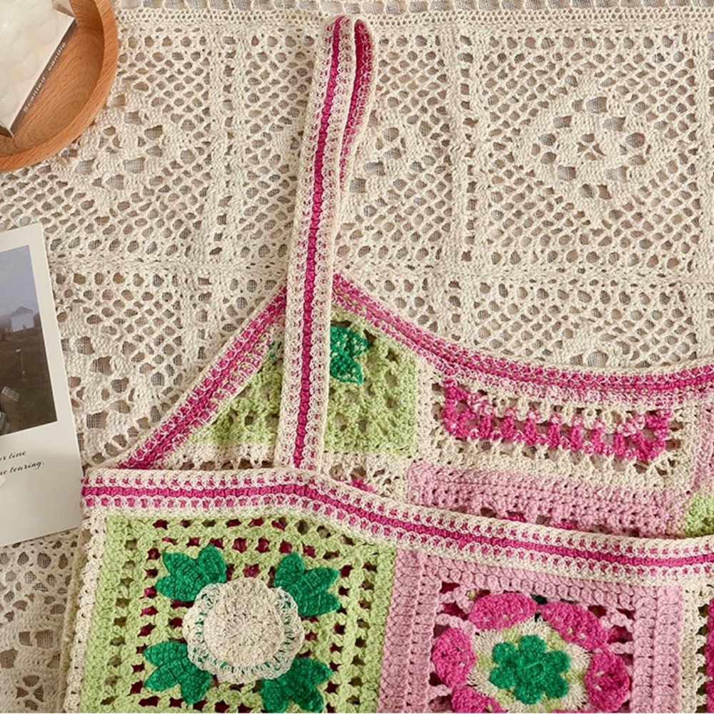 Crochet Knit Cut Out Sleeveless Spaghetti Strap Summer Patchwork Mini Dress - Picture 10 of 12